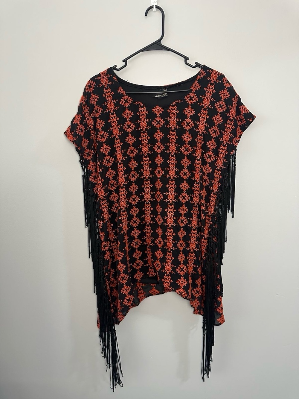 Fringed Aztec Print Tunic Top - Black & Red/orange